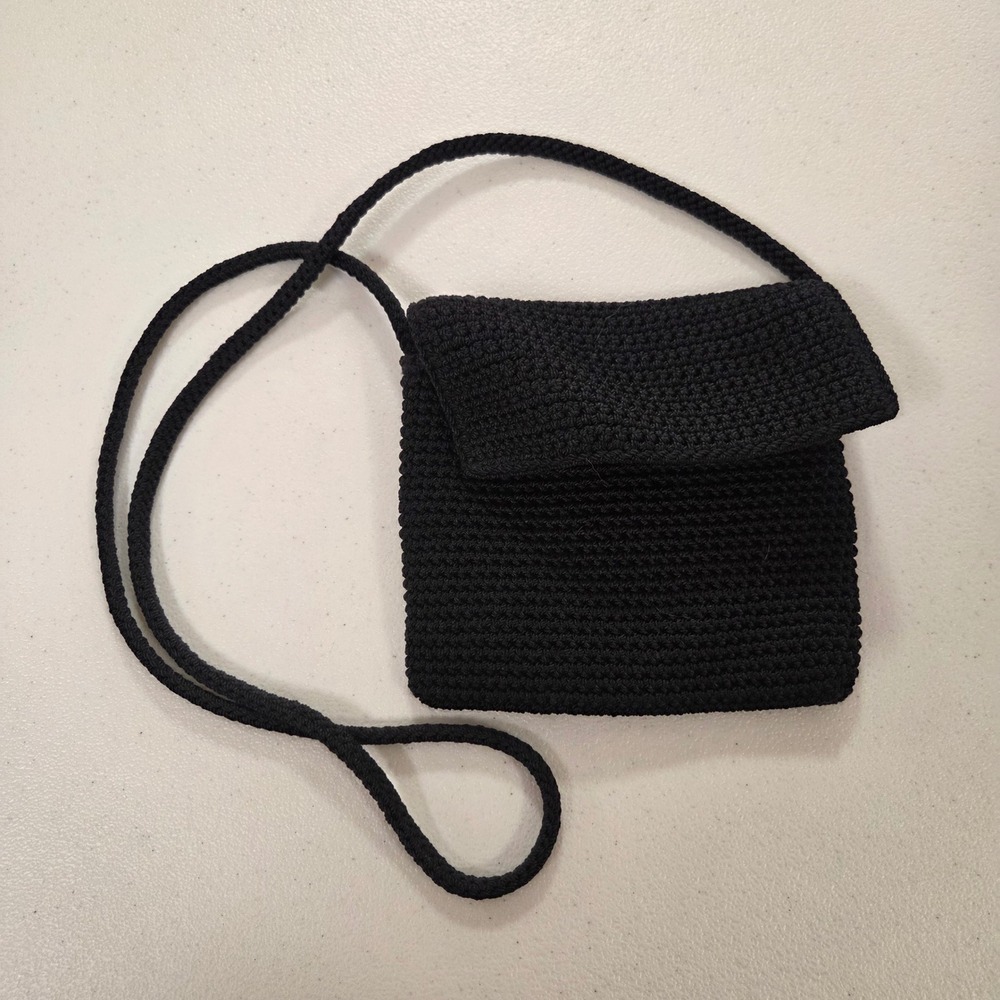 The Sak Black Crochet Crossbody Bag Small Square Zipper Flap Purse Boho Silver